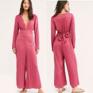 NWT Free People Larina Jumpsuit Plum Prune Pink Deep V-Neck Tie Back OB1133931 2